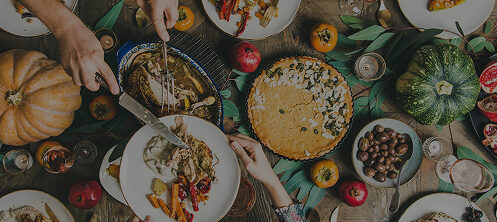 Flatlay of a Thanksgiving dinner spread