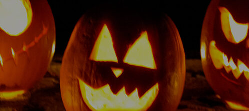 Row of scary Jackolantern pumpkins
